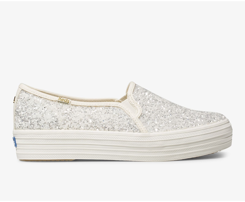 Slip On Γυναικεια - Keds Kate Spade New York Triple Decker Glitter - Λευκα - QLFSD9123